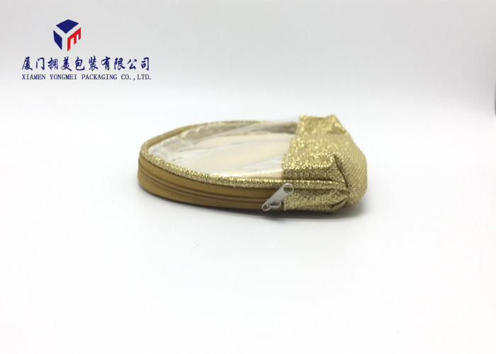 Gold Embossed Fabric Makeup Bag With Super Clear Soft PVC Window On Front Side