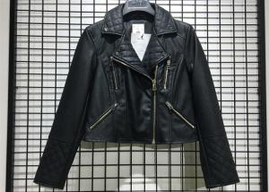 Quality Black Textured Pleather Ladies PU Jacket Asymmertrical Zip Through For Women wholesale