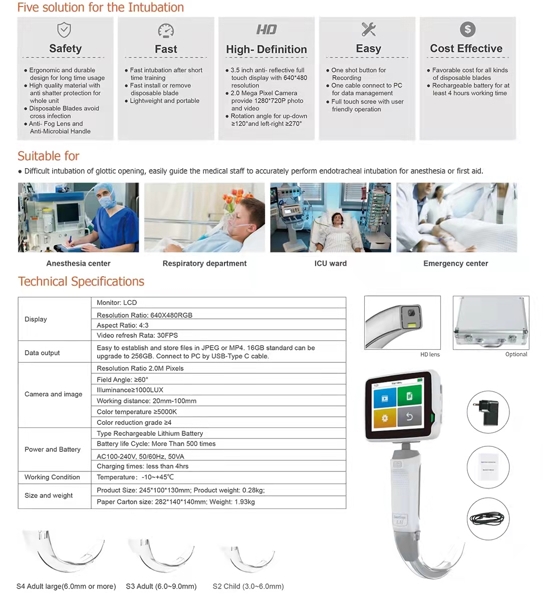 Handheld ENT Surgical Instruments Medical Hospital Portable Video Laryngoscope