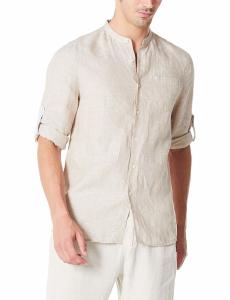 Quality Woven Mens Slim Linen Band Collar Shirt Long Sleeve With Buttoned Cuffs wholesale
