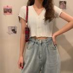 Summer V Neck Women Crop Top , Single Breasted Short Sleeve Knit Crop Top
