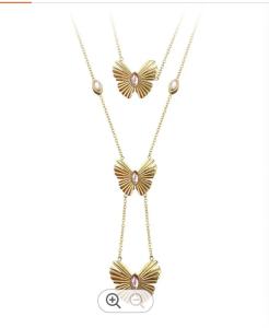 Quality 18K Gold Plated Stainless Steel Jewelry Double Chain Pink Zircon Butterfly Pendant Accessories Necklaces wholesale