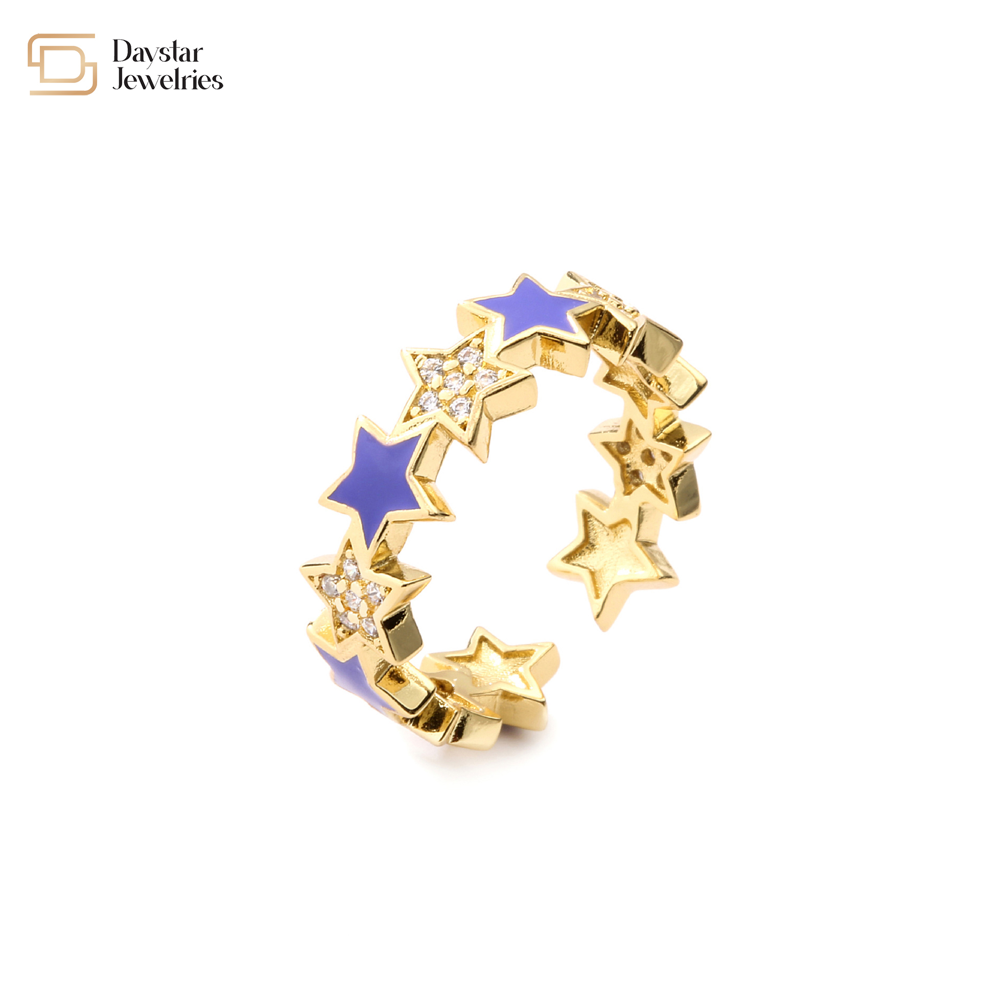 Gold Plated Zircon Diamond Star Rings Colorful Enamel Pentagram Adjustable Open