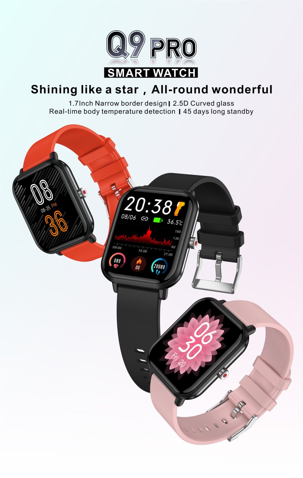 1.7 Inch TFT High-Definition 240*280pixel Full Screen Touch Temperature Monitoring Music Control Multiple Dials Q9PRO Smart Watch