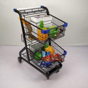Quality Black Powder Coating Shopping Basket Trolley Two Layer Grocery Store Cart wholesale