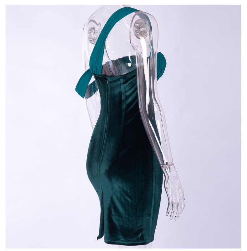 Velvet Stitching Sexy Women Dresses , One Shoulder Bodycon Midi Dress