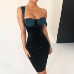 Velvet Stitching Sexy Women Dresses , One Shoulder Bodycon Midi Dress