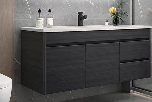 Apartment Solid Surface Black Bathroom Led Mirror Tall Cabinet CAD Design Vanity Combo