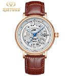 KINYUED J069 skeleton luxury leather waterproof oem brand hands wristwatches