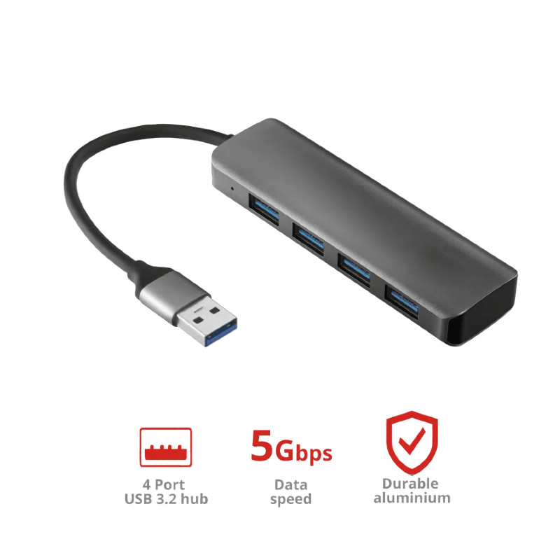 4 Port USB A Hub With Power Supply Sleek Black Gray Aluminum Hub Adapter For Computers