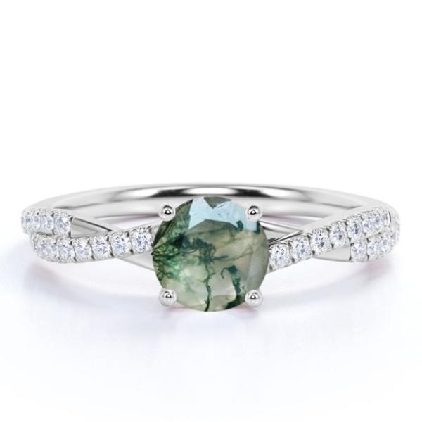 Round Natural Druzy Moss Green Agate And Moissanite Pave Twisted Infinity