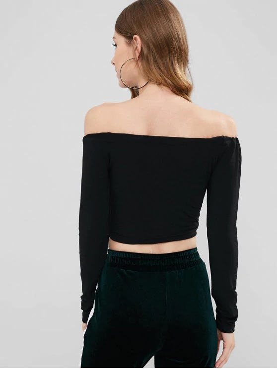 Women Off Shoulder And Long Sleeve Drawstring Front Crop T-shirt
