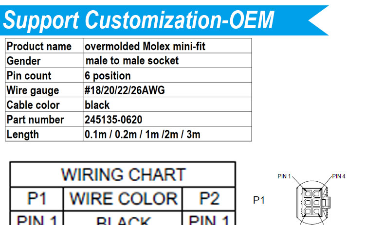 Overmolded Male to Male 6 Pin 2451350620 Molex Mini-Fit 4.2mm Pitch Connector Assembly Cable