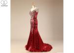 Ladies Long Tail Gown Sleeveless Shiny Sequin Fabric Lace Beaded Red Carpet Wear