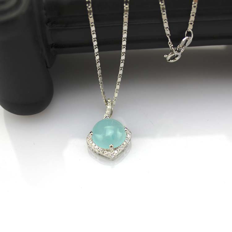 925 Silver Blue Chalcedony Cubic Zircon Pendant Enhancer Necklace (P74)