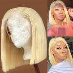 Short Bob Straight Human Hair blonde Lace Closure Wig Transparent 13X4 Lace