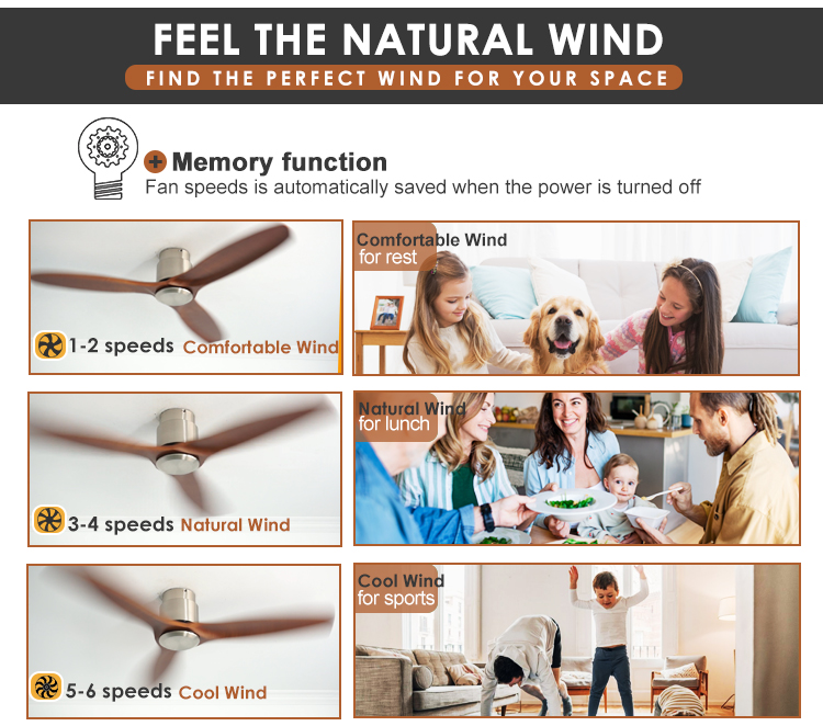 Modern 52" Low Profile DC Adjustable Wind Flush Mounted Ceiling Fan with Wood Blades