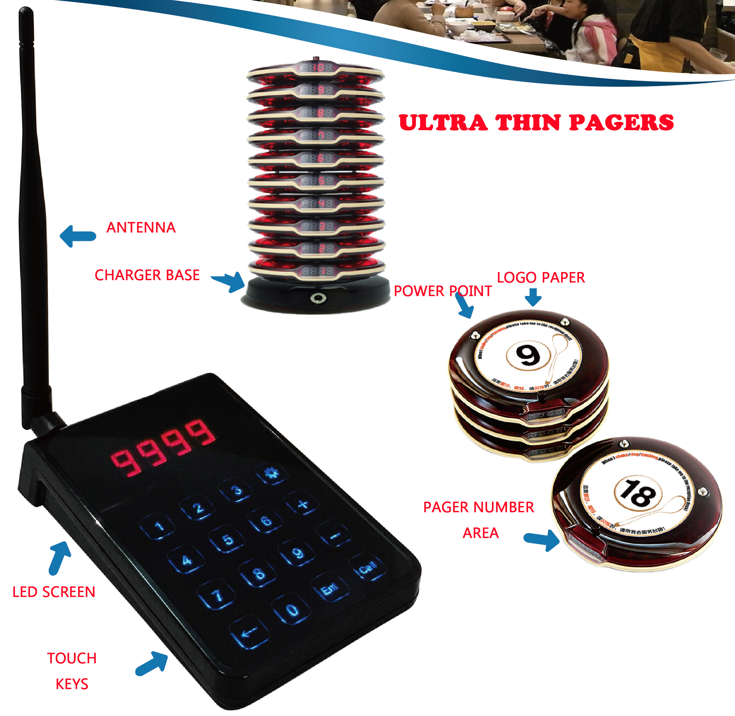 Hot sale easy operation wireless coaster pager system 1 transmitter with 10 wireless small buzzer