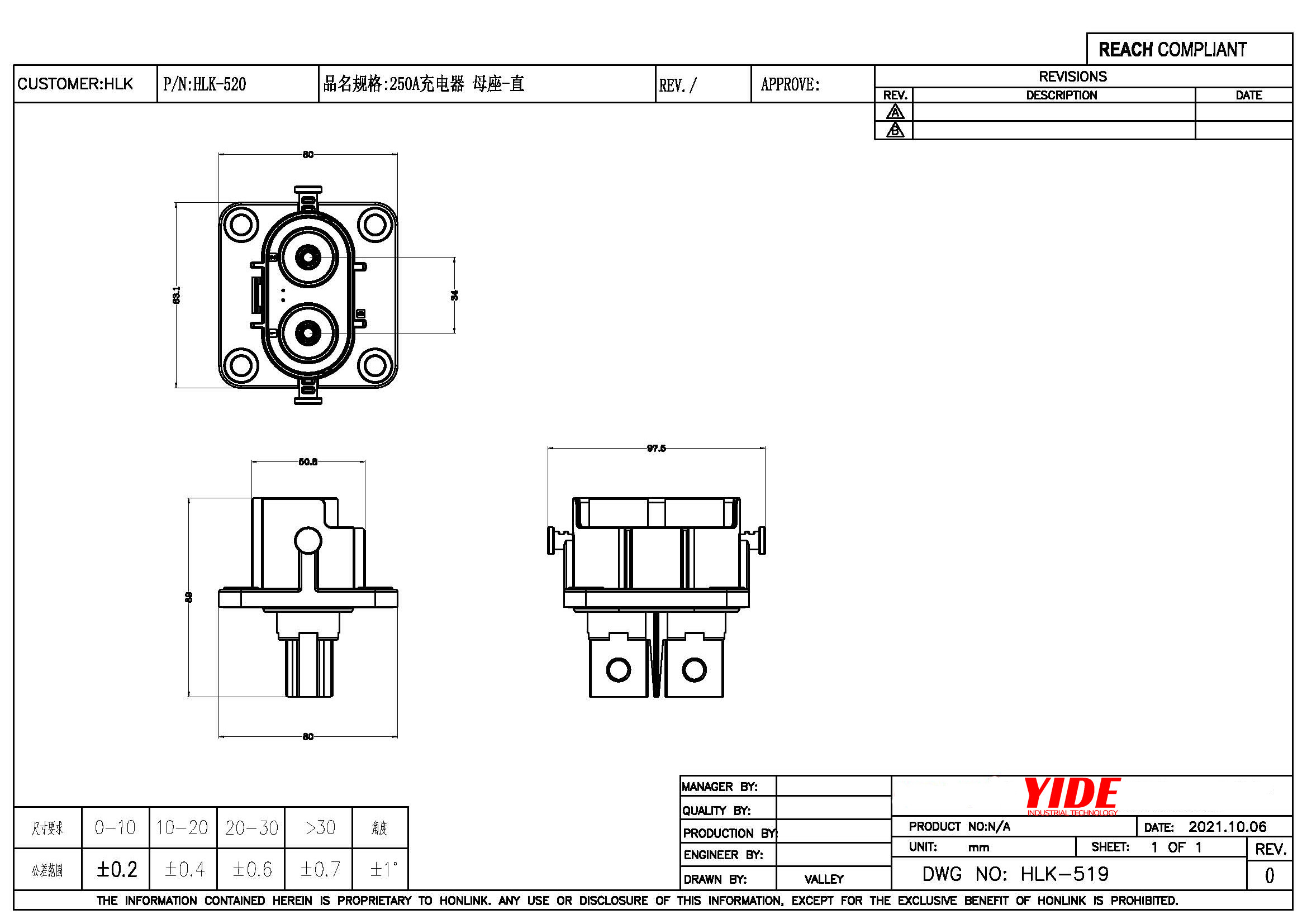 Waterproof Motorcycle 2 Pin Connector IP68 250A 1000V High Power