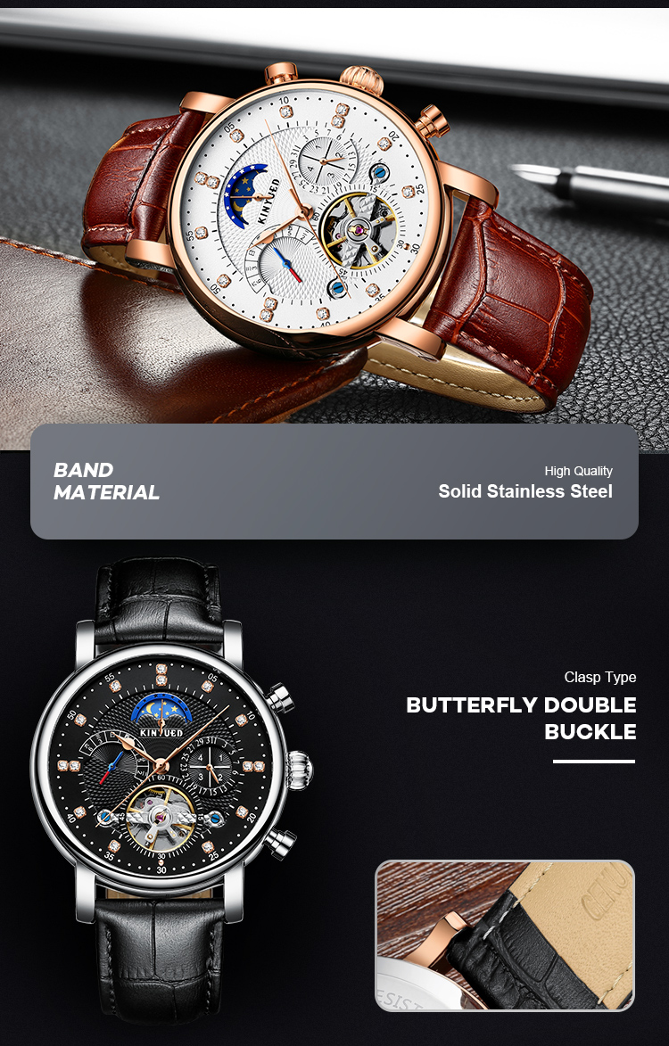 KINYUED Men Luxury Brand Wrist Watch Strap Mechanical Automatic Moon Phase Watch Relojes