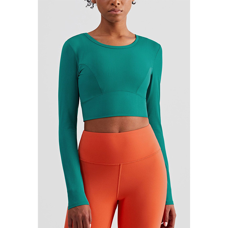 Rib Striped Ladies Yoga Tops Active Stretch Fitness Long Sleeve Yoga Crop Top