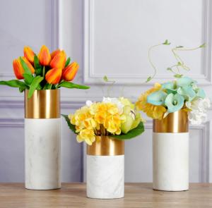 Quality Decorative Flower Vase Marble Home Decor Vase Modern Decor Accessories White Marble with Metal Vase wholesale