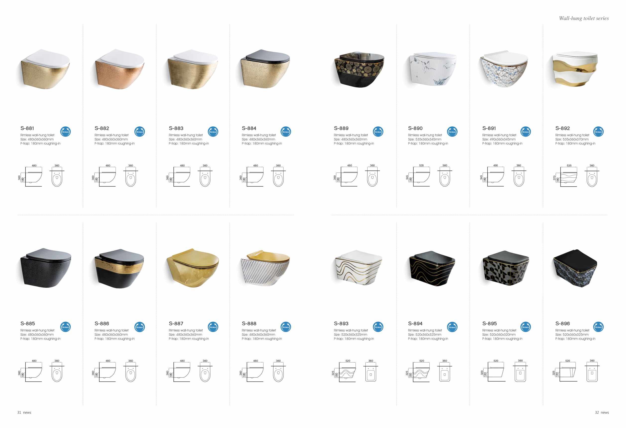 Rimless Wall Hung Toilet Water Closet with Electroplate Butterfly Black Marble Pattern Silver Line