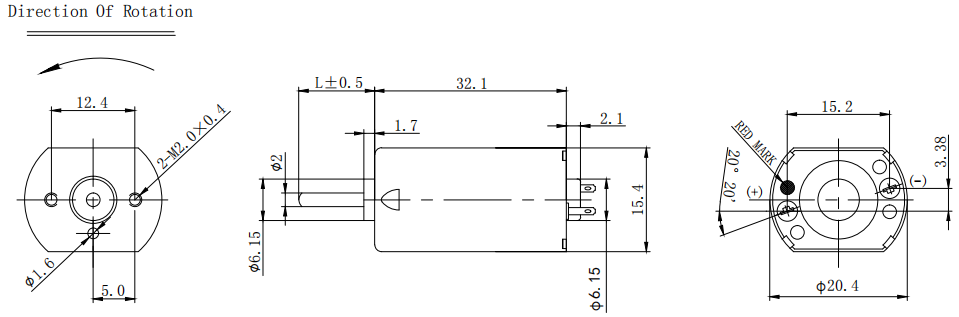 Flat  20mm FF-180SH  Brushed DC Electric Motor Dimension