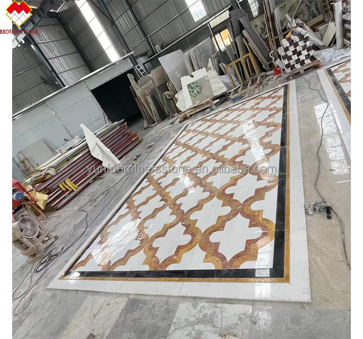 White and Yellow Marble Water Jet Carpet in Modern Design Style for Living Room Villa