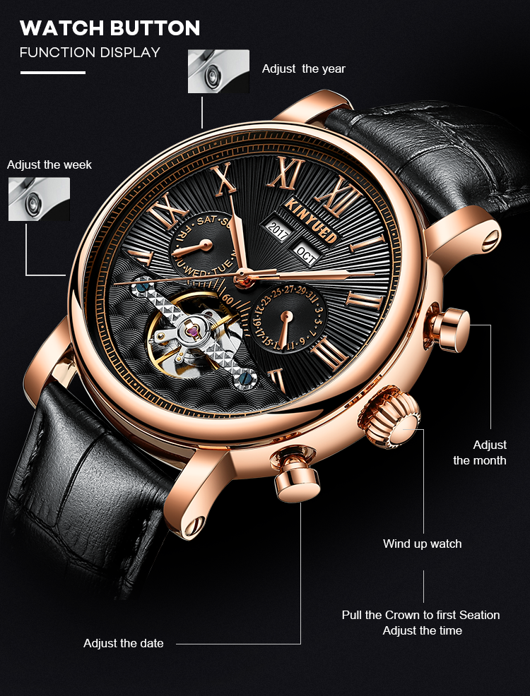 KINYUED J022-2 Minimalist Gold Case Leather Strap Watches Complete Calendar Automatic Mechanical Waterproof Montre Homme