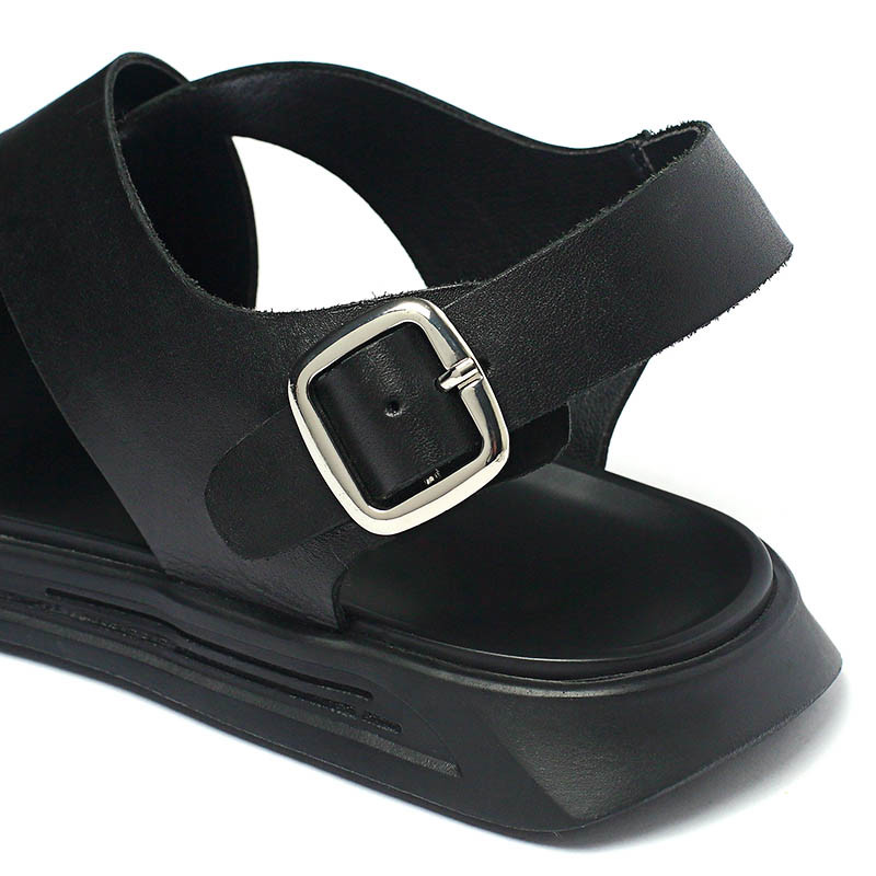 Summer Cow Leather Upper Black Genuine Leather Sandals