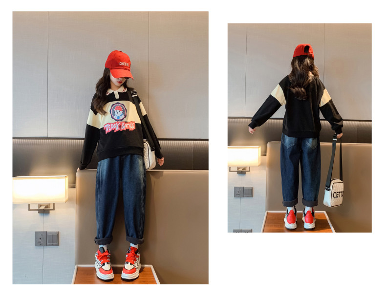 Girls' hoodie children's Spring and Autumn clothing color matching warm casual cartoon top for 4-16 years old children