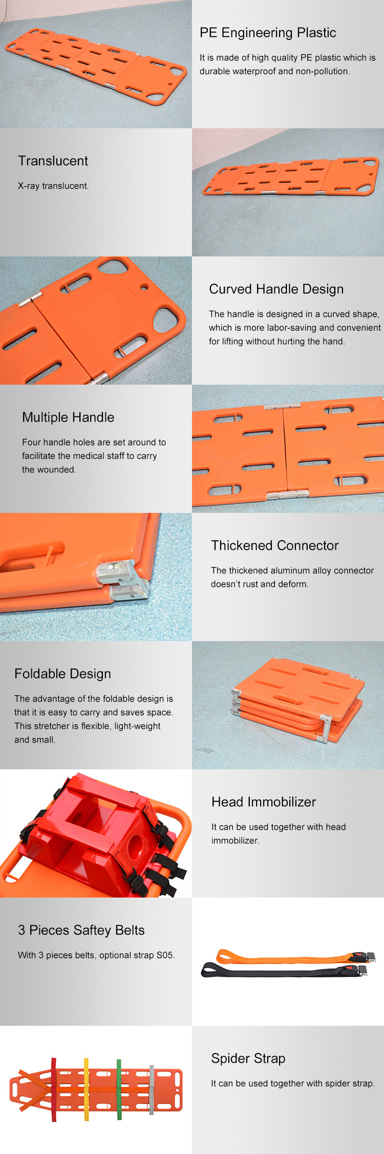 ABS Plastic 4 Fold Spine Board ,Medical Floating Water Rescue Plastic Folding Spine Board Stretcher