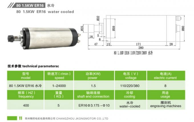 24000 R/Min CNC Motor Water Cooled Spindle 400HZ 110v 220v 380v