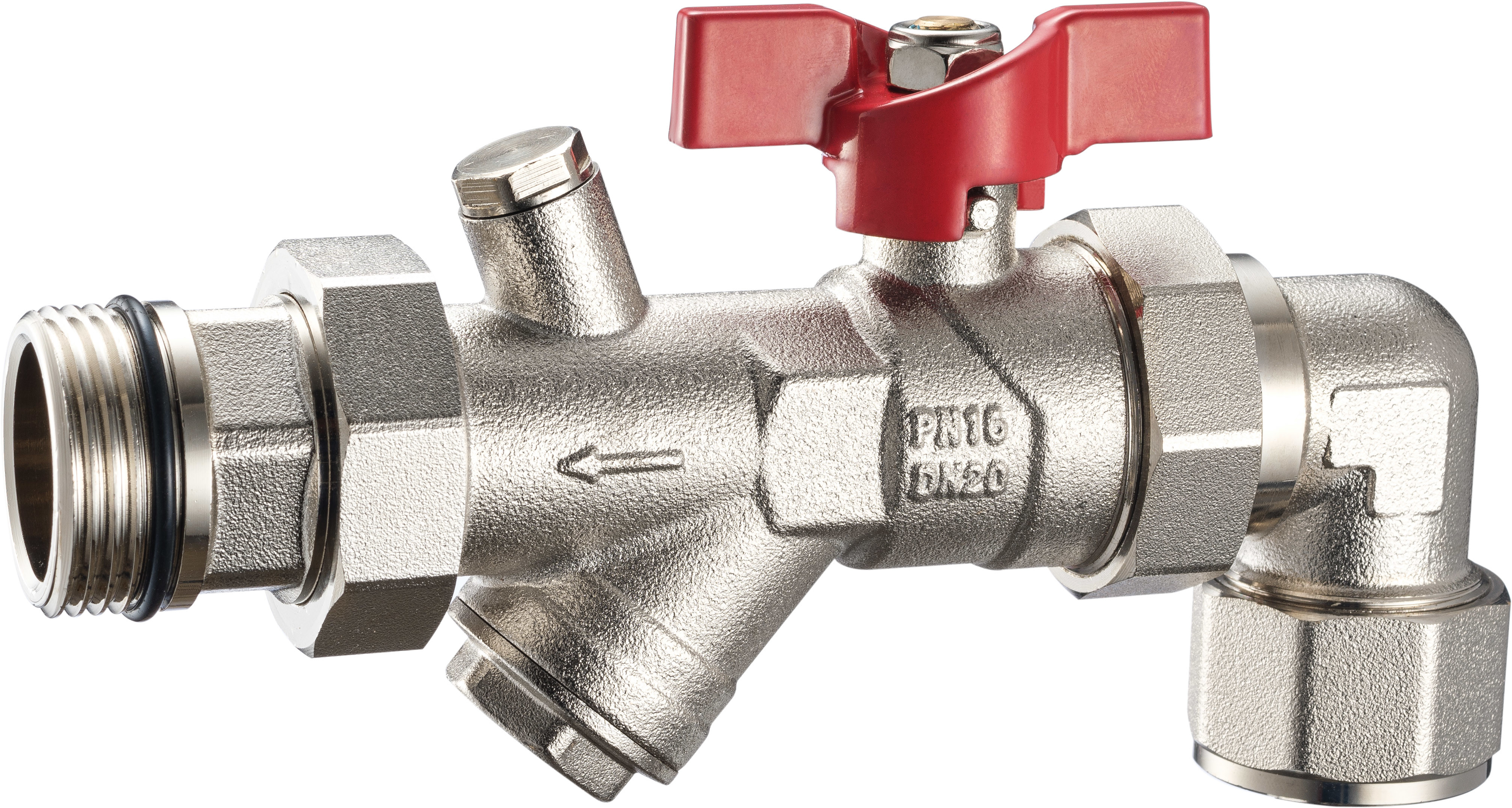3605 3607 Angle Coupling Nickel Plated Brass Ball Valve w/ Meter Outlet & Built-in Strainer & Optional Brass Drain Valve