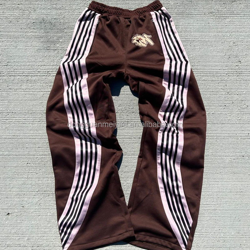 Custom Windbreaker Side Stripe Embroidery Print Oversized Nylon Jogger Wide Leg Baggy Pants Sweatpants Flare Sweat Pants Men
