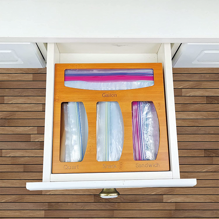 Bamboo Ziplock Bag Storage Box For Kitchen Drawer Food Bag Organizer Wall Mount