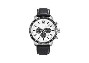 Quality Mans Stainless Steel Chronograph Watch Tachymeter Leather Strap Plastic Bezel wholesale