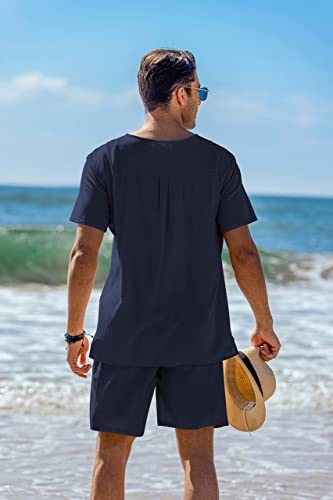 Customised Logo Men&prime;s 2 Pieces Cotton Linen Set Henley Shirt Short Sleeve and Casual Beach Shorts Summer Yoga Outfits