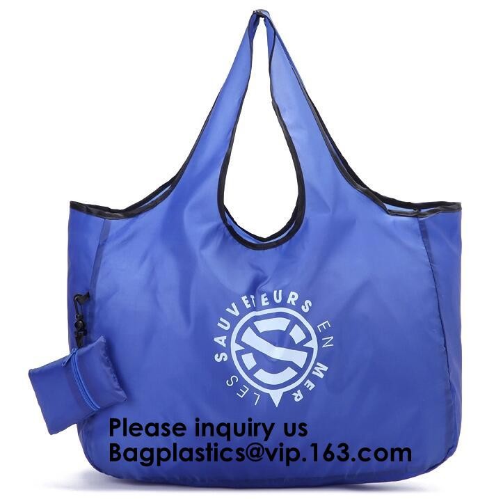 Printing Logo Polyester Handled Foldable Tote Bag With Snap Closure Foldable Bag Pocket Folding Nylon Shopping Bag