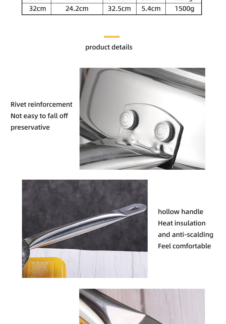 Hot Selling Kitchen Stainless Steel Non Stick Fry Pan Three Layer Double Bottom Medical Stone Frying Pans