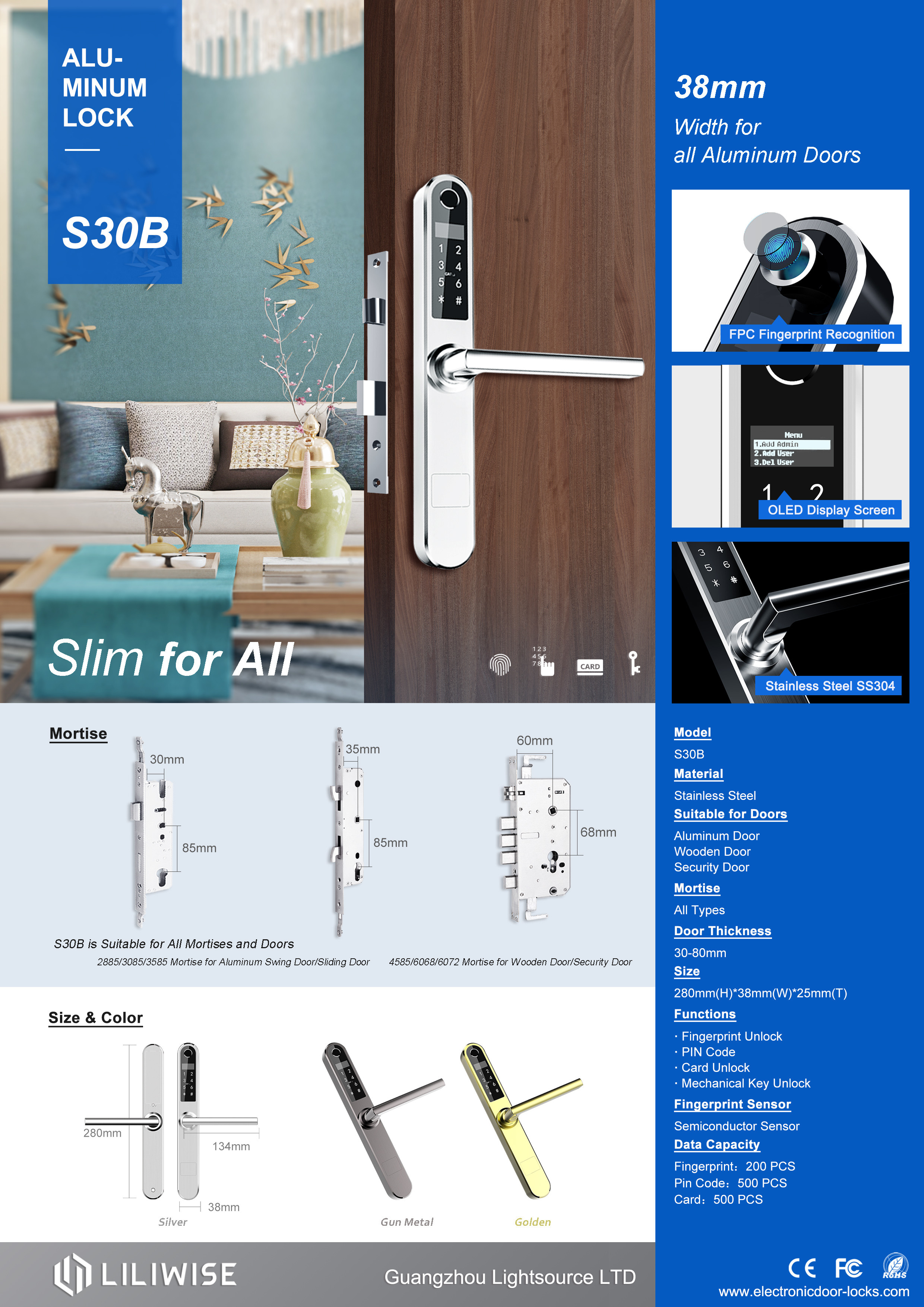 Digital 4 In 1 Smart Aluminum Sliding Door Lock With English , Chinese Language