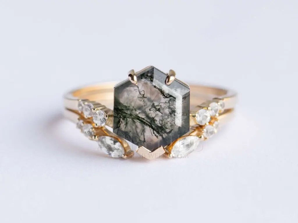 Large Hexagon Moss Agate Statement Wedding Cluster Ring Set