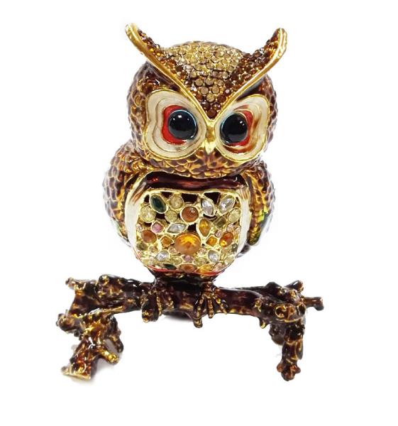 Beautiful owl handpaint metal jewelry box rhinestone owl birds enamel trinket