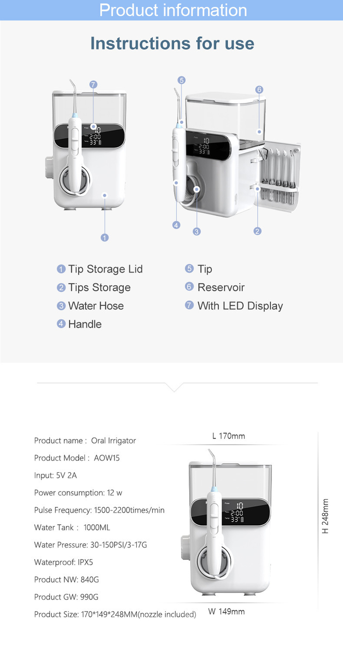 IPX5 Waterproof Cordless Dental Flosser with UV Disinfection 1000ml Oral Irrigator Electric Family Water Flosser
