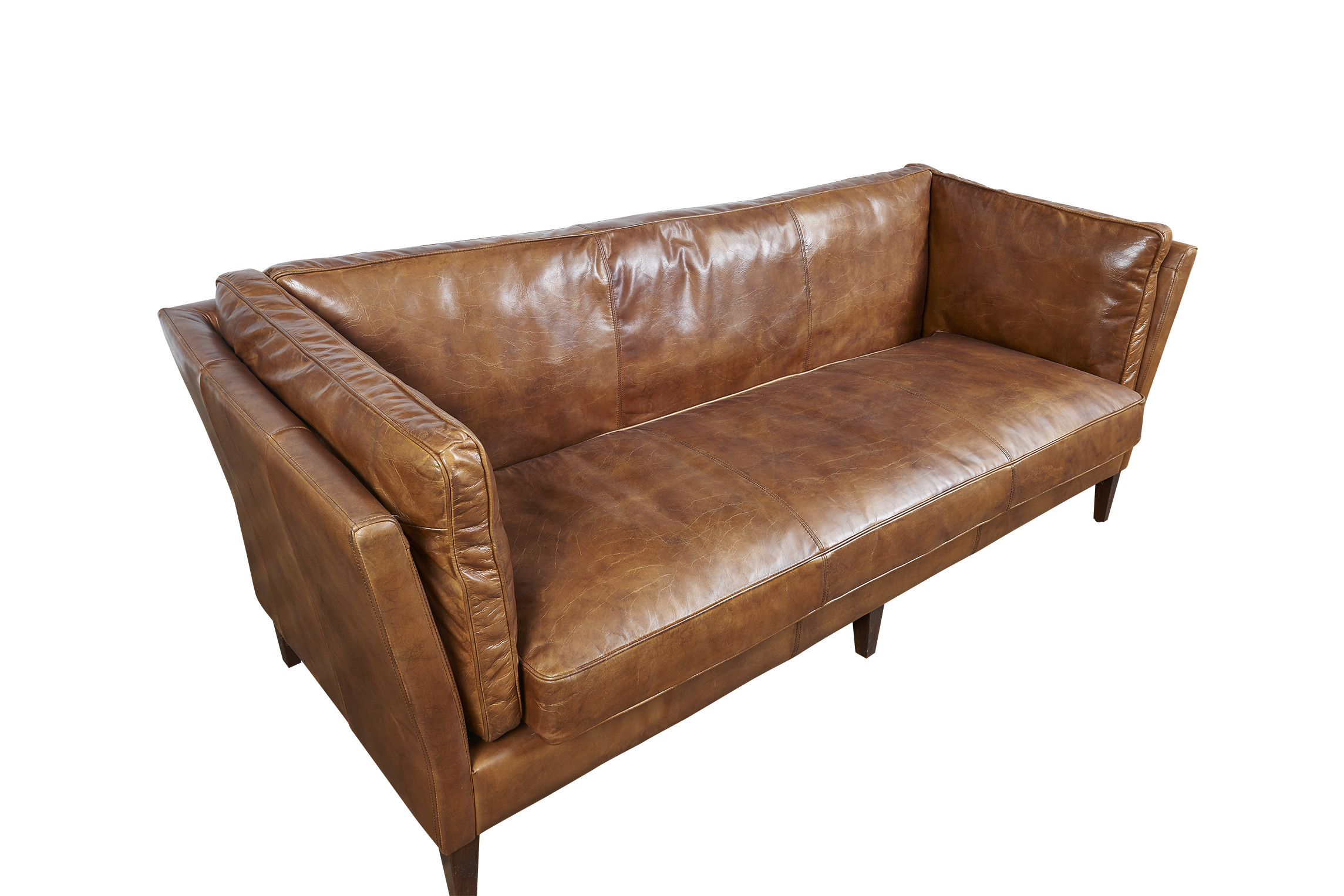 Simple Loft Style Compact 3 Seater Brown Leather Couch Wood Legs Long Service Life