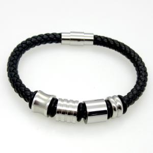 Quality Black Stainless Steel Men's Charm Bracelet Polished Braided Leather Wrap Bracelet wholesale