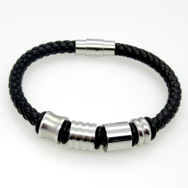Black Stainless Steel Men's Charm Bracelet Polished Braided Leather Wrap