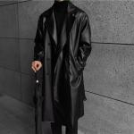 Csutom Men Leather Long Black Hip Hop Double Breasted Trench Coat