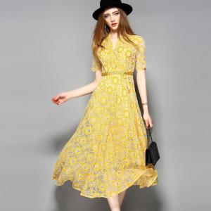 Quality yellow hot sale women lace-up polyester lace dress wholesale
